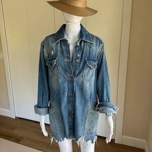 Free People Moonchild Distressed Long Denim Jacket